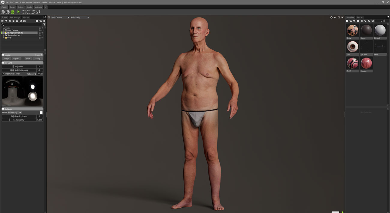 Marmoset Toolbag real-time scene render of an older male full body 3D scan with PBR materials and studio lighting